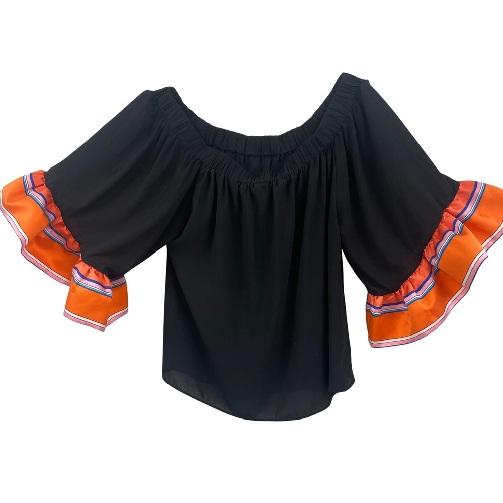 Soft‎ Surroundings Black Off Shoulder Ruffle Sleeve Blouse Women L-XXL Fiesta